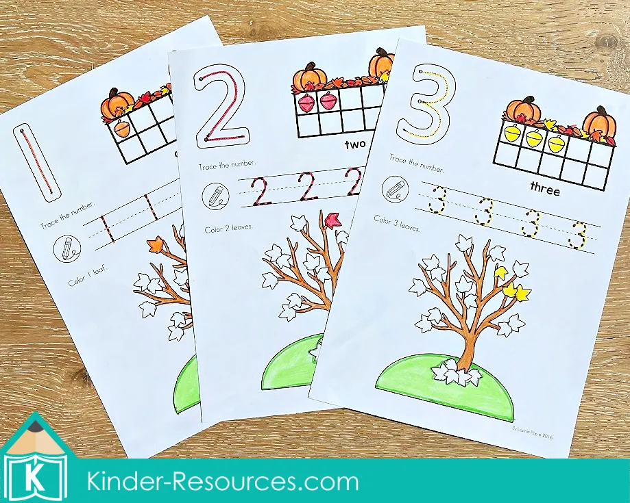 Autumn number worksheets with ten frames, tracing, and coloring activities for numbers 1, 2, and 3 using pumpkins and leaves.