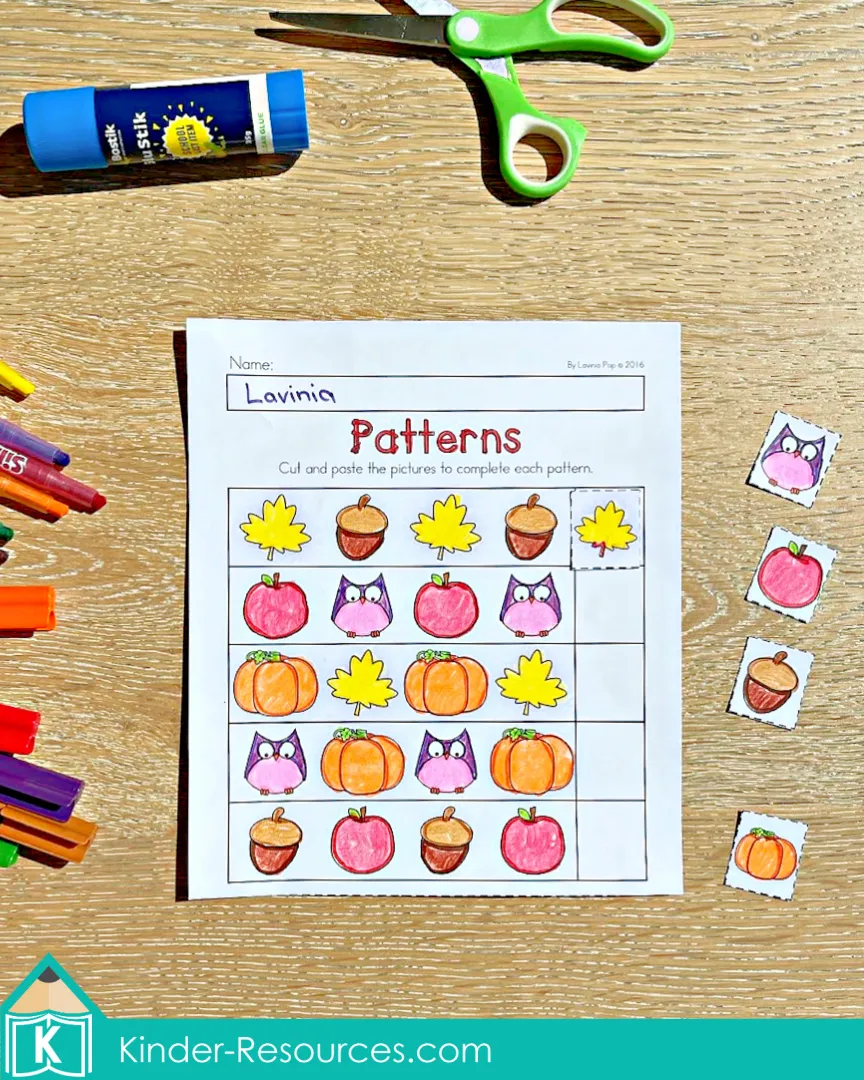Autumn cut and paste pattern worksheet for preschool featuring leaves, acorns, pumpkins, apples, and owls to complete rows.