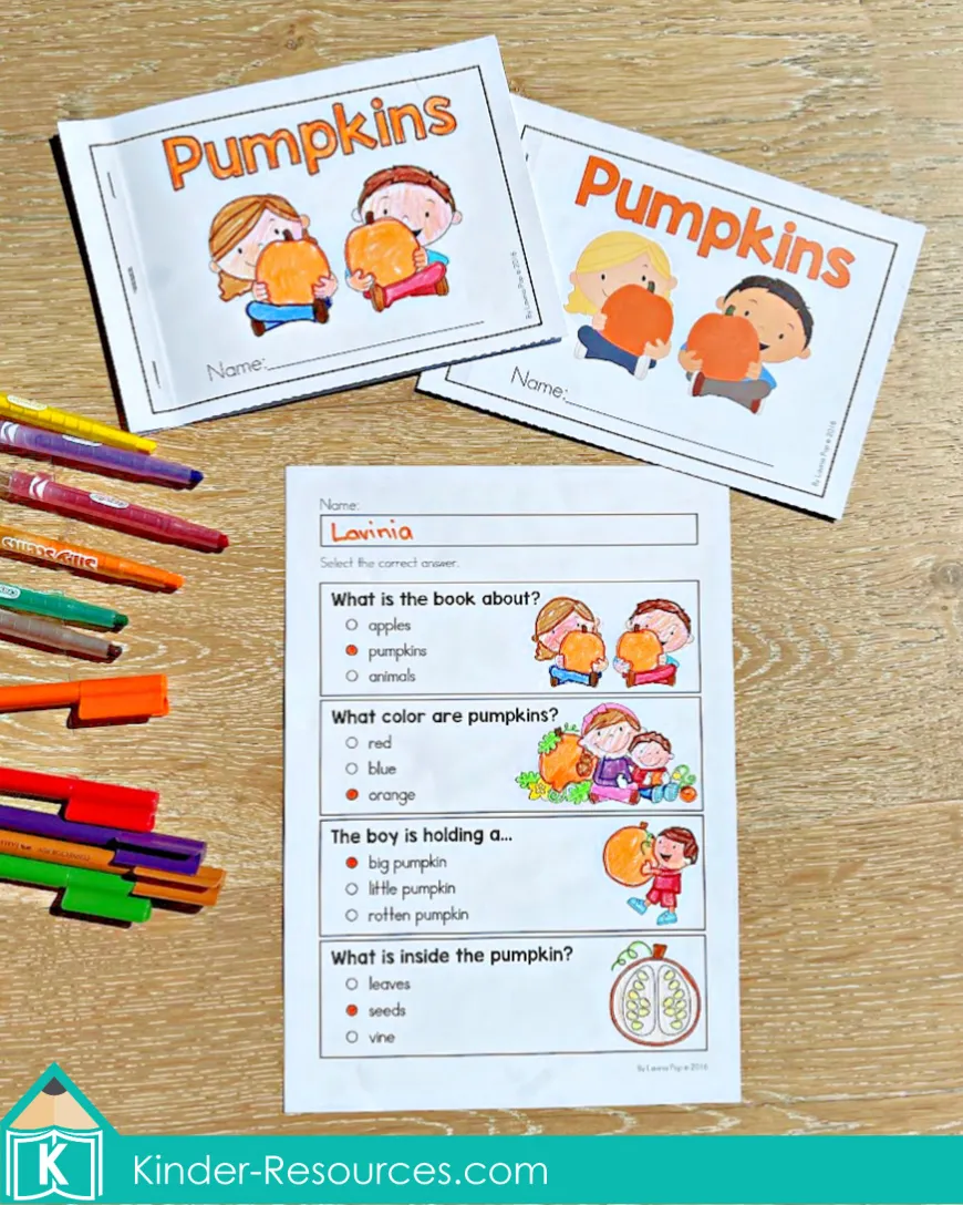 Pumpkin mini book and comprehension worksheet for preschool with simple multiple-choice questions about pumpkins.