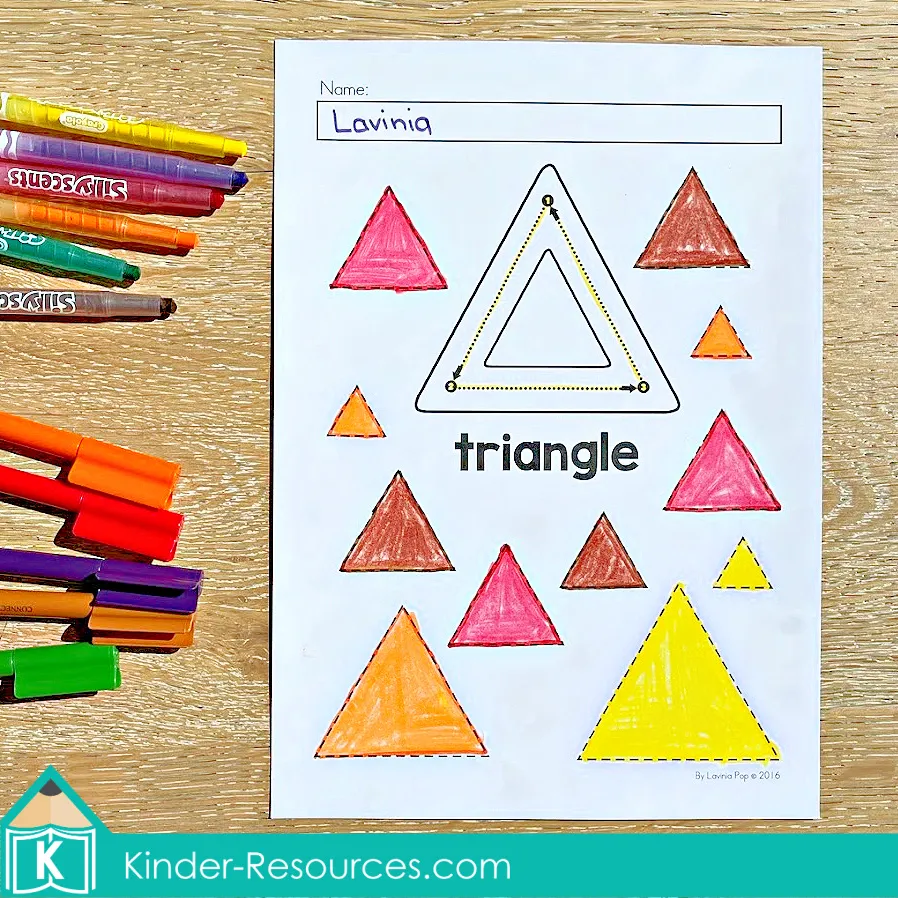 Preschool shapes worksheet for autumn featuring multiple triangles to trace, color, and recognize.