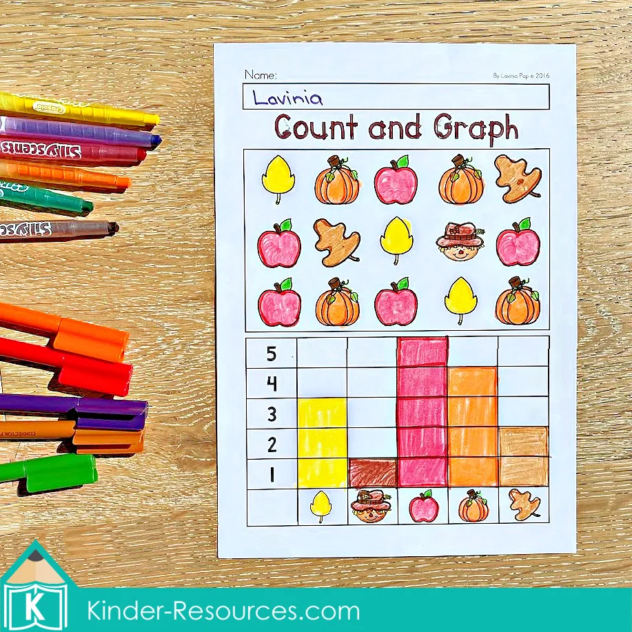 Preschool math worksheet to count and graph autumn items including apples, pumpkins, leaves, and scarecrows.