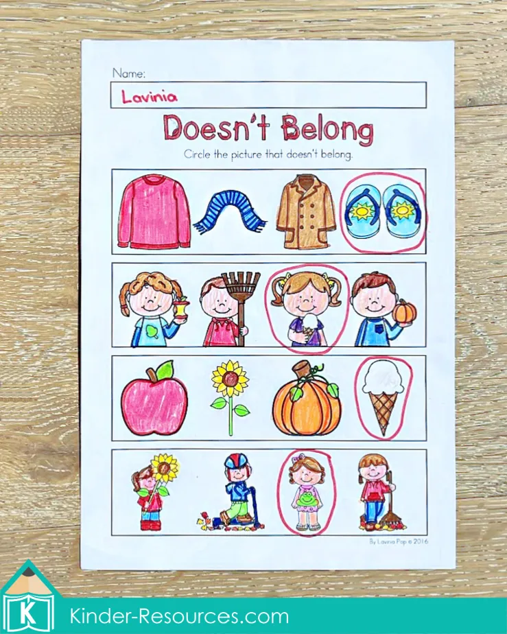 Preschool autumn worksheet to circle the picture that doesn’t belong, with fall items and out-of-place pictures.