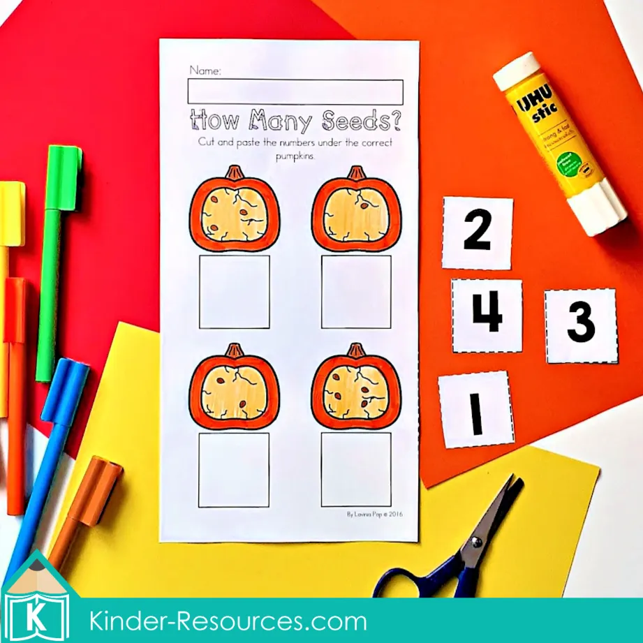 Pumpkin seed counting cut-and-paste worksheet with pumpkins, numbers 1–4, and glue activity for preschool math practice.