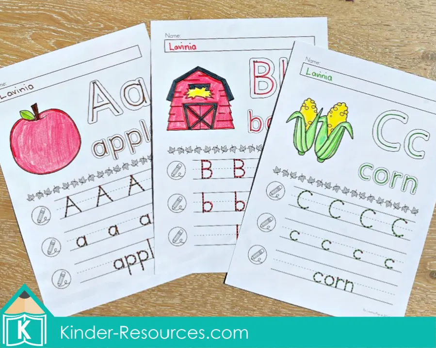 Preschool handwriting worksheets with apple, barn, and corn pictures to practice tracing and writing uppercase and lowercase letters A, B, and C.