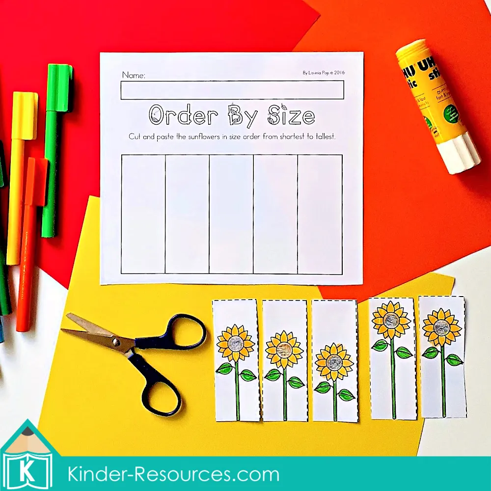 Cut and paste size ordering worksheet with sunflower strips for preschool and kindergarten math and sequencing practice.
