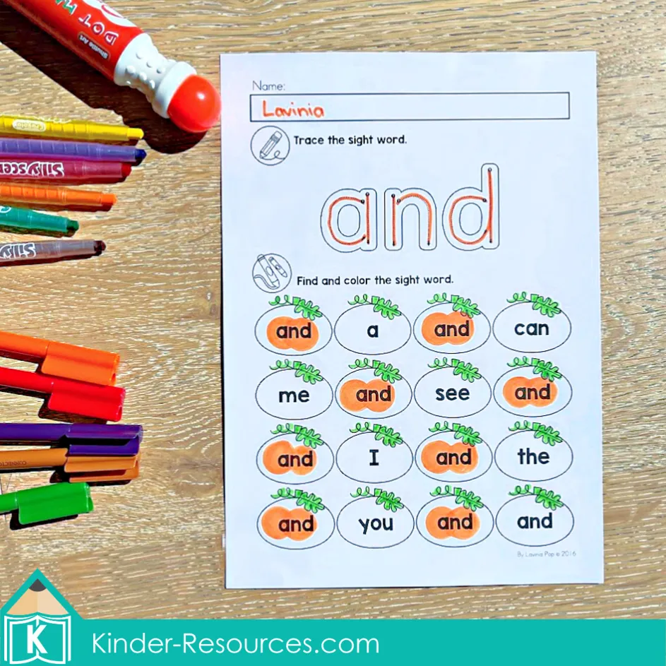 Fall sight word worksheet for preschool and kindergarten featuring pumpkins with the word “and” to trace, find, and color.
