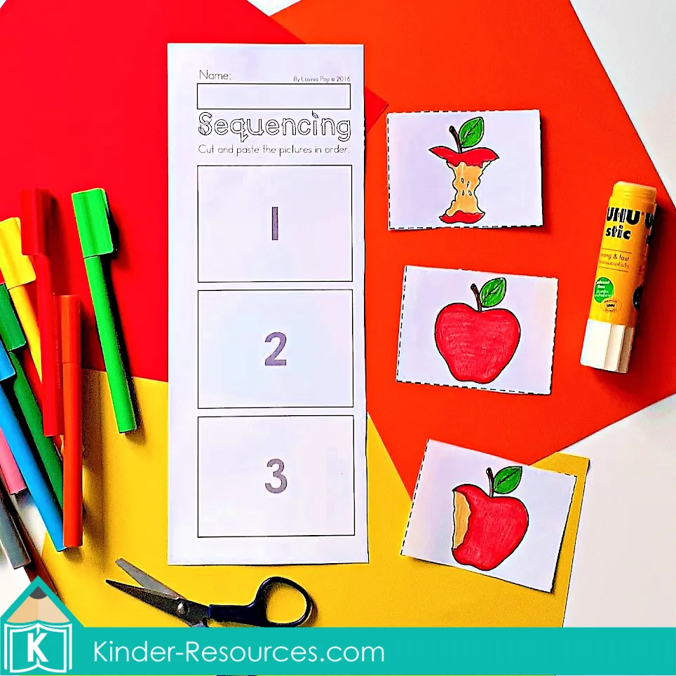 Printable sequencing worksheet for preschool and kindergarten where children cut and paste apple pictures in order from whole to eaten.