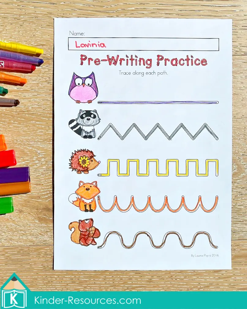 Autumn pre-writing worksheet with animals and tracing paths to build fine motor skills for preschool and kindergarten.