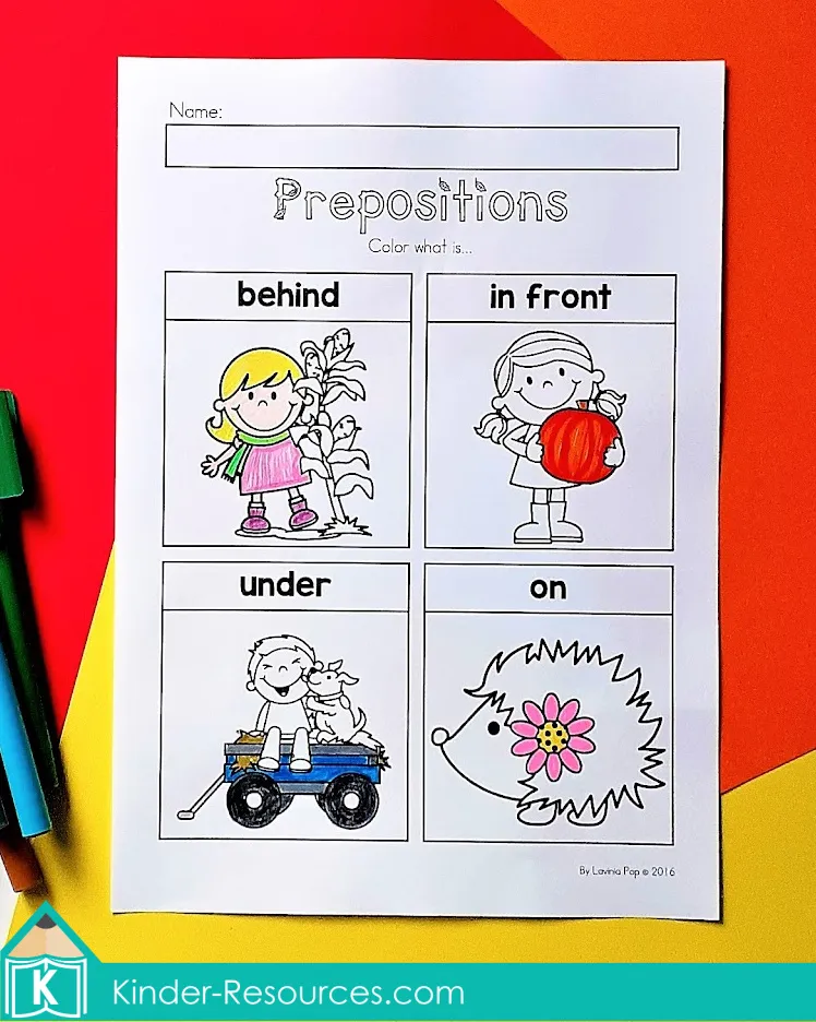 Prepositions worksheet for preschool and kindergarten where children color pictures showing behind, in front, under, and on.