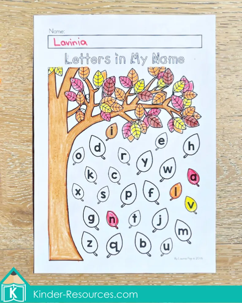 Autumn tree worksheet for preschool and kindergarten where children color leaves that match the letters in their name.