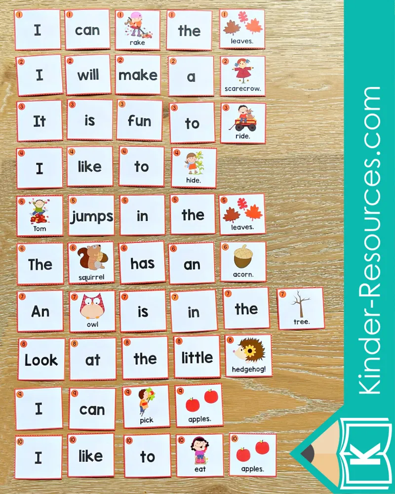 Fall-themed sentence scramble word cards for kindergarten with autumn pictures and sight words numbered 1 to 10