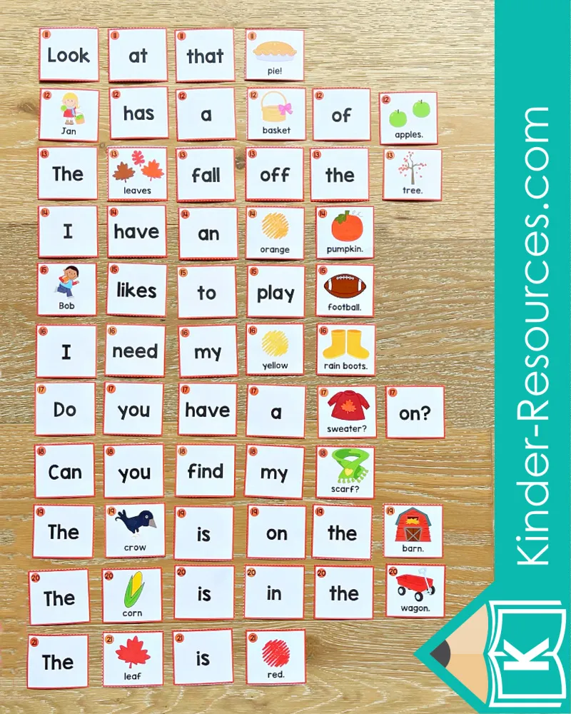 Autumn sentence scramble word cards for pocket chart activities including fall vocabulary like pumpkin, football, and rain boots