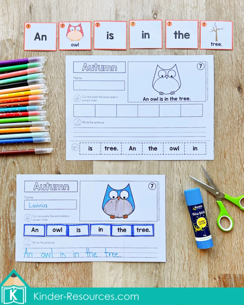 Cut and paste autumn sentence scramble worksheet with word cards to build the sentence An owl is in the tree