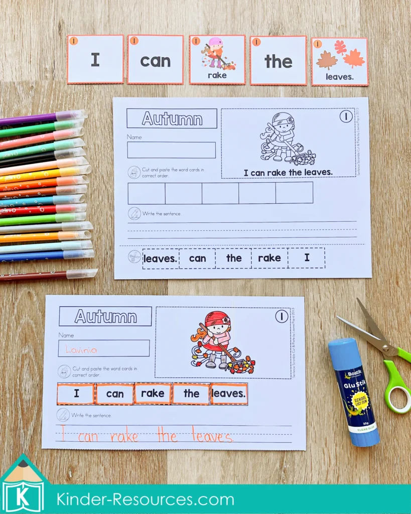 Autumn cut and paste sentence scramble worksheet with word cards to build the sentence I can rake the leaves. Download FREE on the blog!