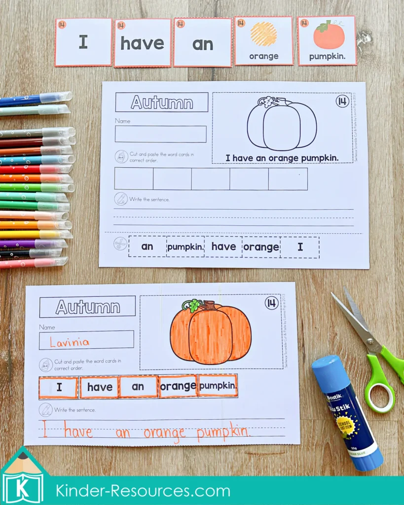 utumn sentence scramble worksheet with cut and paste activity using the sentence I have an orange pumpkin and matching word cards