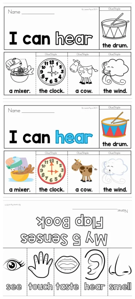 FREE Hear flip book printable pages from the 5 Senses Flip and Flap Book packet with images of a mixer, clock, cow, wind, and drum