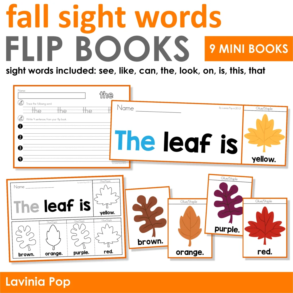 Cover of Fall Sight Word Fluency Flip Books showing 9 mini books for kindergarten reading fluency with autumn leaf colors, sight words, and worksheets