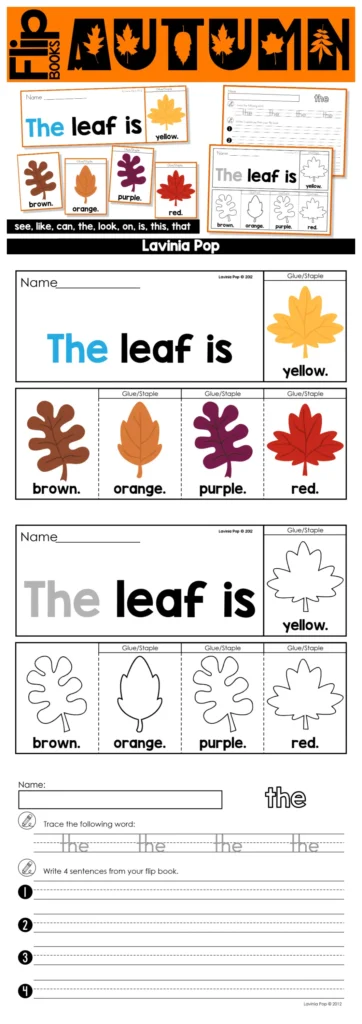 Collection of fall sight word fluency flip books with pages for tracing, reading, and writing autumn-themed sentences