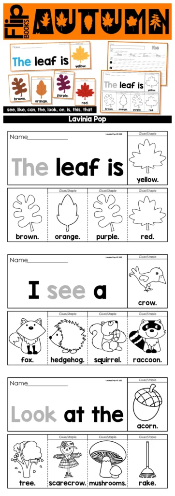ntable fall sight word fluency flip books showing sample pages with autumn animals, leaves, and classroom worksheets