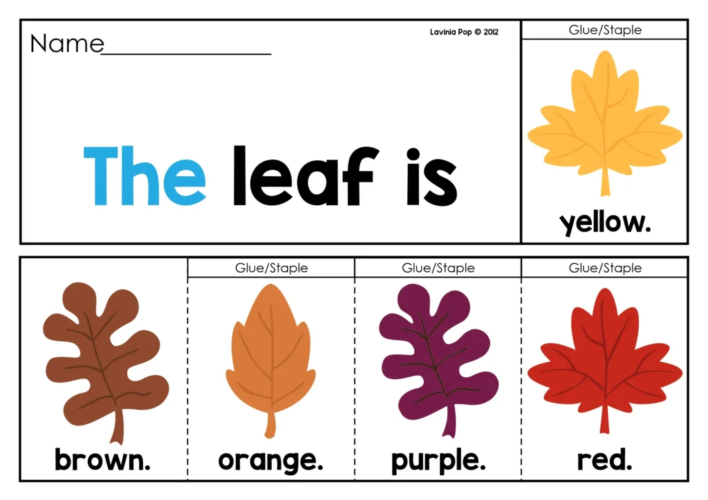 Fall sight word fluency flip book page with traceable sight word “the” and lined space for children to write four sentences