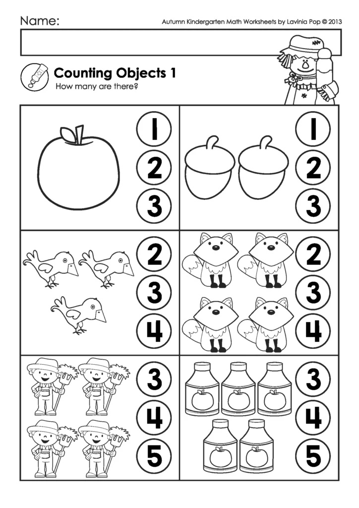Free kindergarten fall counting worksheet with apples, acorns, birds, foxes, farmers, and juice bottles where children count and select the correct number.