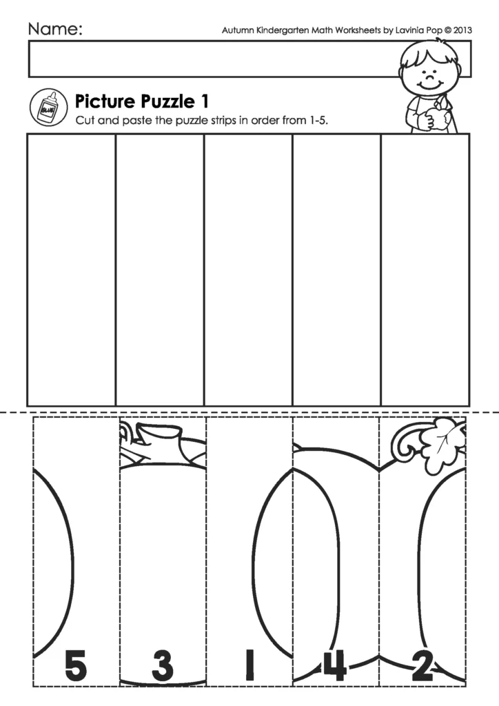 Free printable pumpkin puzzle worksheet for kindergarten where children cut and paste strips numbered 1–5 in order to build sequencing skills.