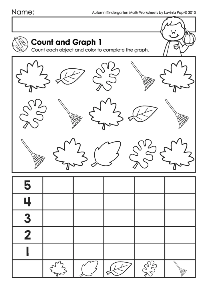 Free autumn kindergarten graphing worksheet where children count rakes and leaves, color tallies, and complete a simple bar graph.