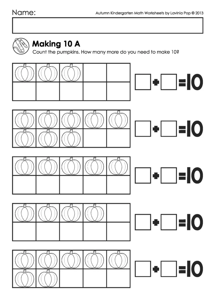 Free printable pumpkin ten frame worksheet for kindergarten where children count and figure out how many more are needed to make 10.