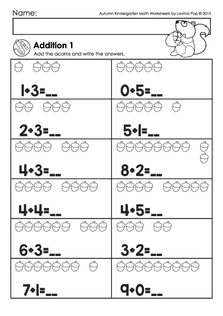 Free kindergarten addition worksheet with acorn pictures where children solve sums up to 10 by writing answers in blank spaces