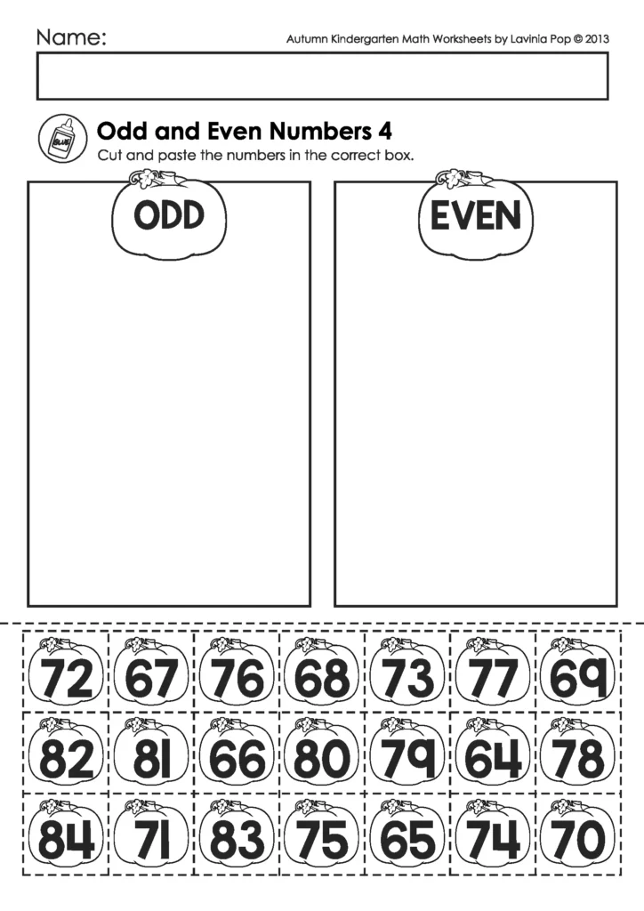 Free pumpkin number worksheet for kindergarten where children cut and paste numbers into odd and even categories to practice sorting skills.