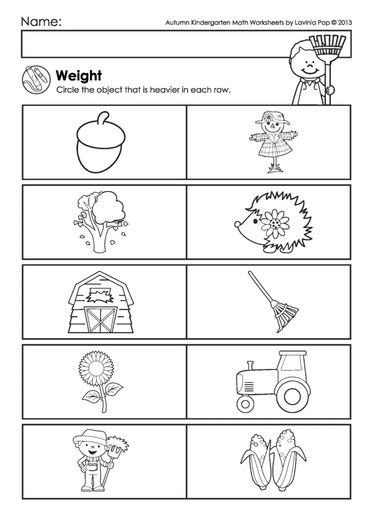 Free printable autumn kindergarten math worksheet where children circle the heavier object in each row, comparing items like acorns, barns, and tractors.