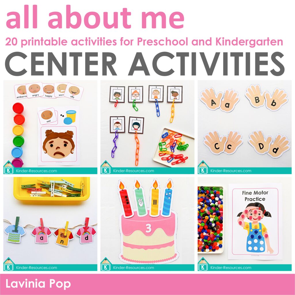 All About Me preschool activities with emotions cards, linking chain counting, alphabet hand letters, sight word clothesline, birthday cake numbers, and fine motor beads.