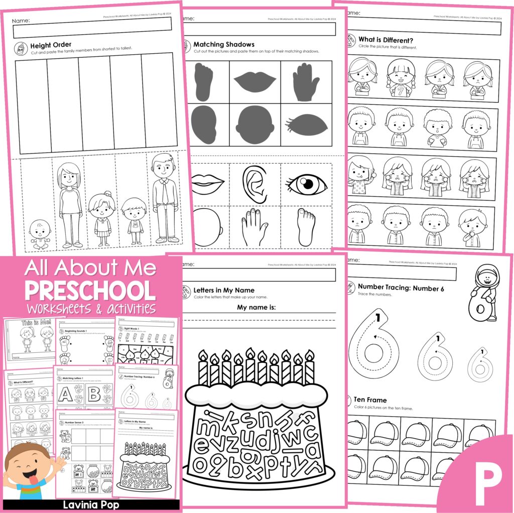 Preschool All About Me worksheets bundle with height order, matching shadows, number tracing, name writing birthday cake, and spot the difference activities.