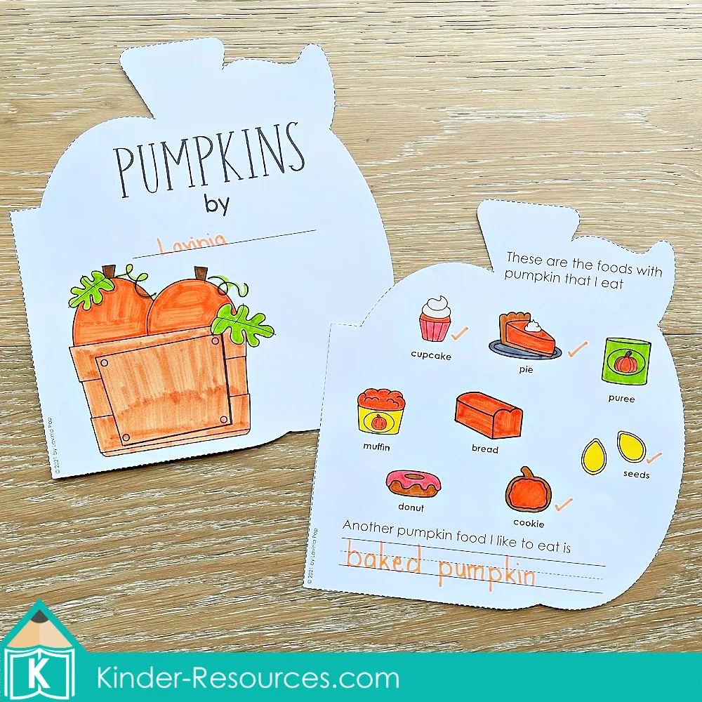 Pumpkin shaped writing book cover page with basket of pumpkins and a writing page where children list and illustrate foods with pumpkin.