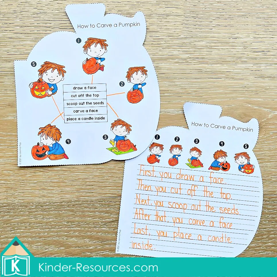 Pumpkin shaped writing book page showing how to carve a pumpkin with sequencing pictures and handwriting lines for step-by-step writing practice.