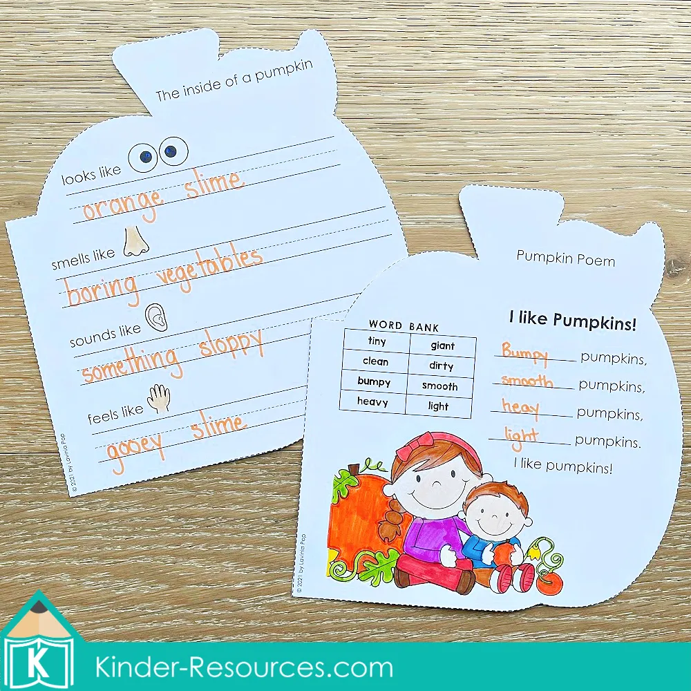 Pumpkin shaped writing book activities where children describe the inside of a pumpkin using senses and create an adjective poem about pumpkins.