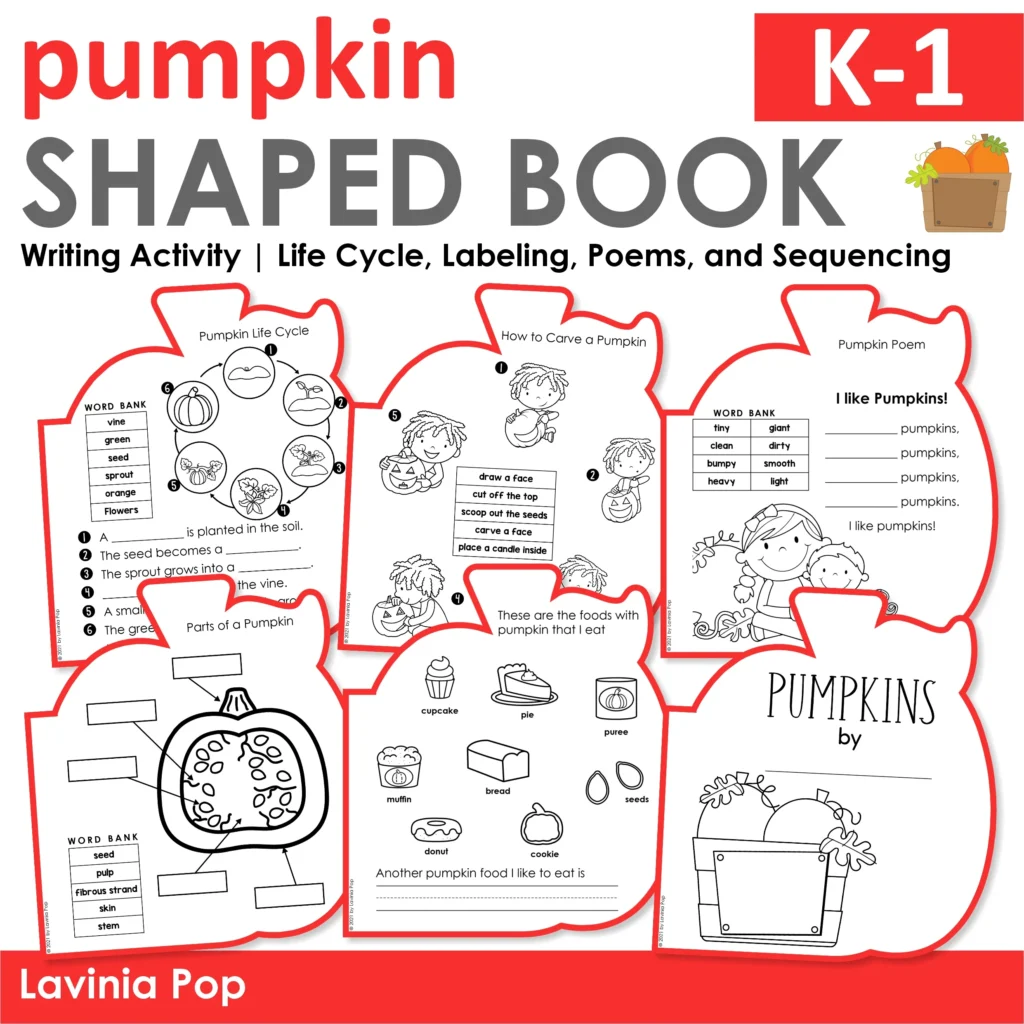 ing Book – Fall Literacy Activity for Kindergarten and 1st Grade Alt Text: Pumpkin shaped writing book with multiple pages for labeling, sequencing, pumpkin life cycle, and fall writing activities for kindergarten and first grade.