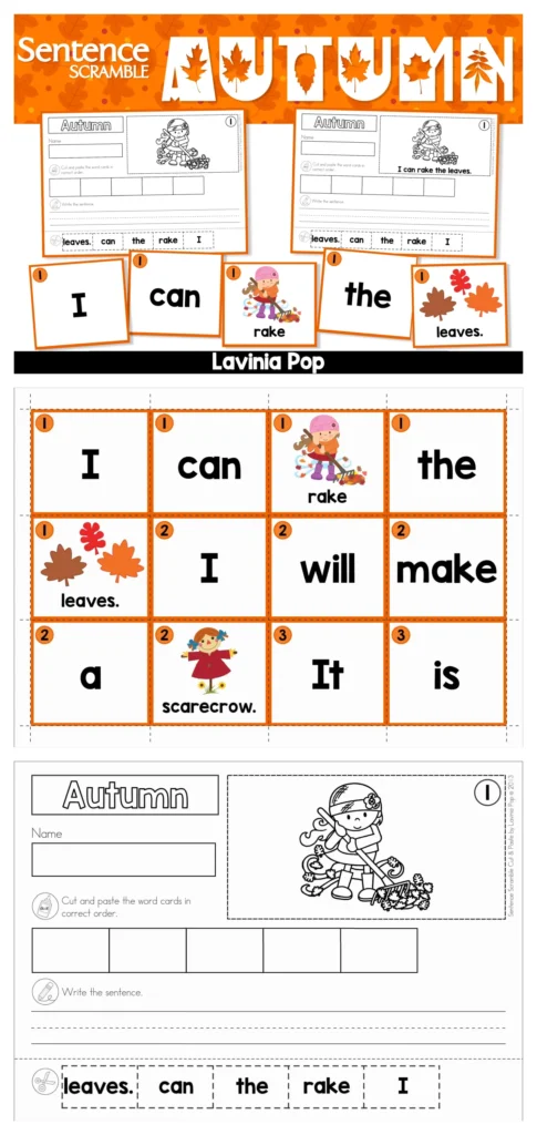 FREE Fall sentence scramble activity for kindergarten and 1st grade with word cards and cut and paste worksheets to build sentences like I can rake the leaves.