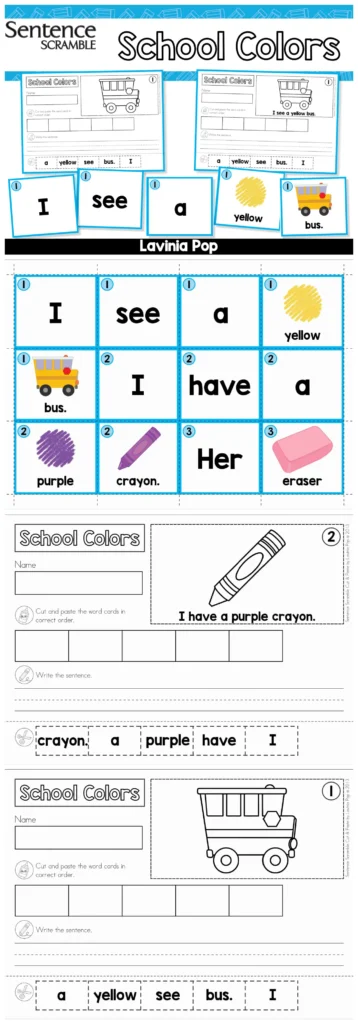 Back to School Sentence Scramble free download with pocket chart word cards, cut and paste worksheets, and school supply vocabulary sentences for kindergarten literacy centers