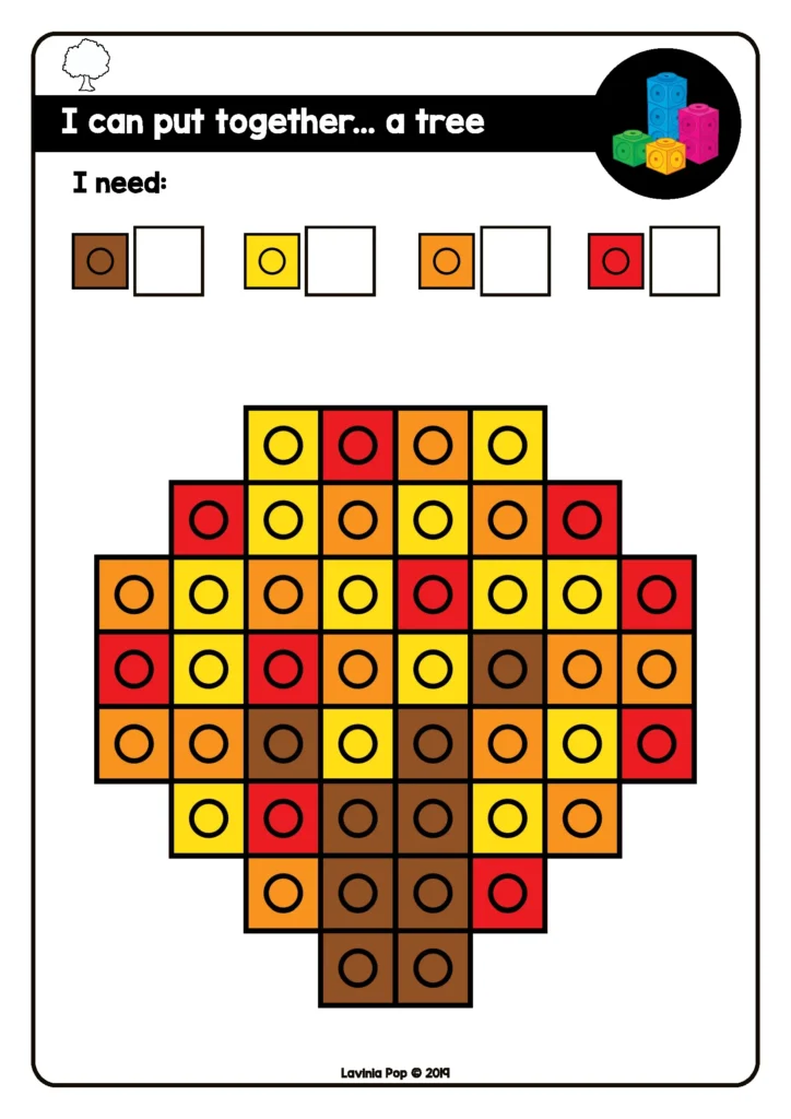 Free fall tree fine motor activity with counting cubes for preschool and kindergarten from Fine Motor Morning Bins for September. Children build a tree using snap cubes for hand strength and color recognition.