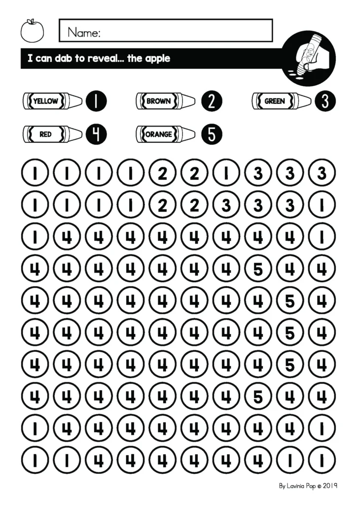 Free apple mystery picture fine motor worksheet using bingo dabbers from Fine Motor Morning Bins for September. Printable September activity for preschool and kindergarten morning tubs.