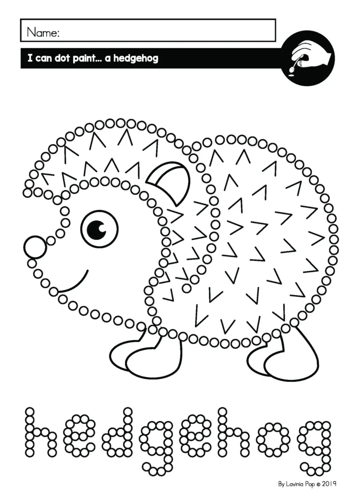 Free hedgehog dot painting fine motor printable for preschool and kindergarten from Fine Motor Morning Bins for September. Children use cotton swabs and paint to complete a fall animal picture.