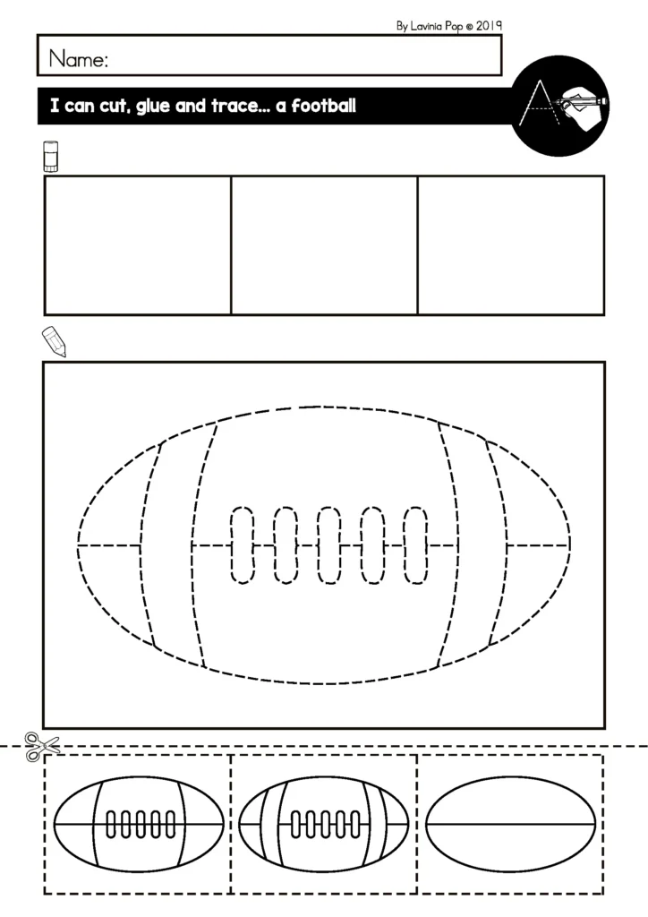 Free football fine motor cut and paste printable for preschool and kindergarten from Fine Motor Morning Bins for September. Scissor skills, gluing, and tracing worksheet for fall centers.