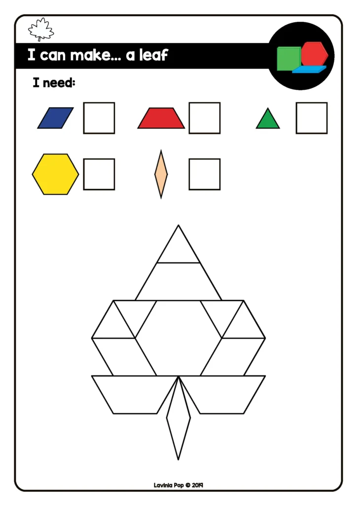 Free fall leaf fine motor printable using pattern blocks from Fine Motor Morning Bins for September. Hands-on autumn math and fine motor activity for preschool and kindergarten.