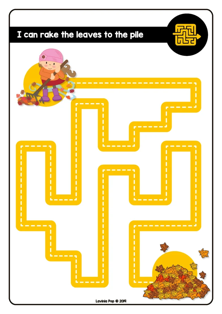Free fall leaves maze worksheet for preschool and kindergarten from Fine Motor Morning Bins for September. Children trace the path to move the leaves to the pile while building fine motor skills.
