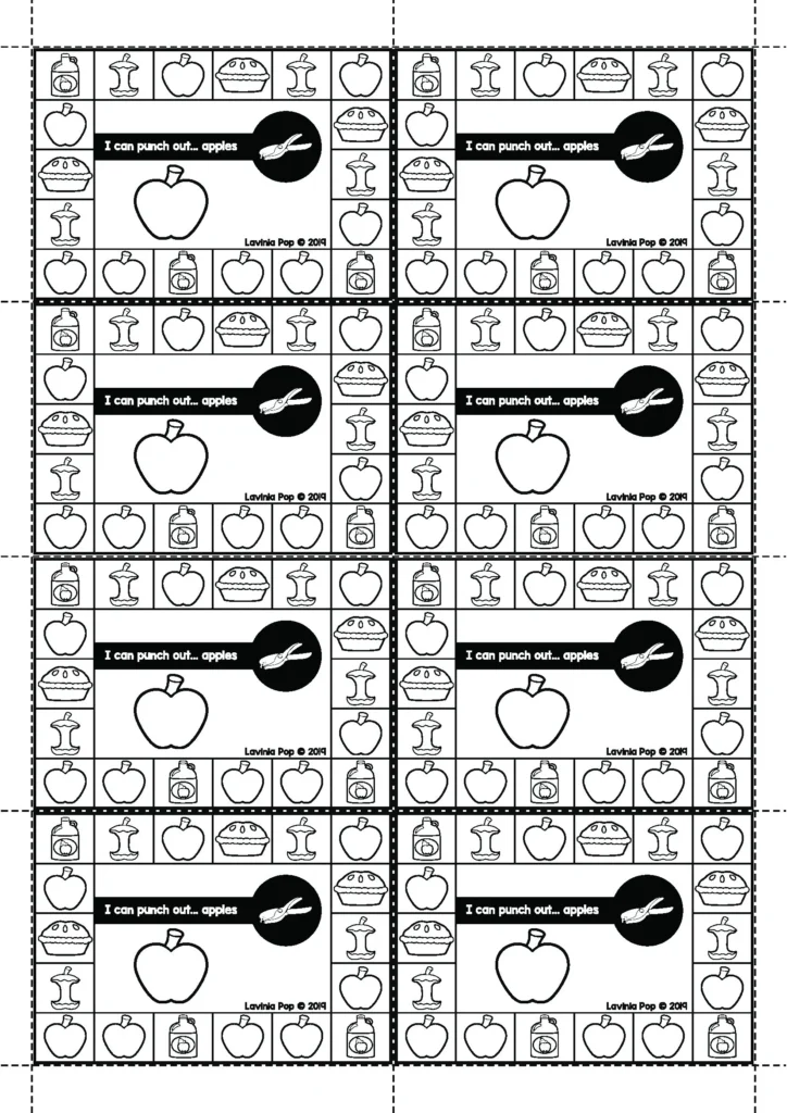 Free apple hole punch fine motor activity for preschool and kindergarten from Fine Motor Morning Bins for September. Children use a hole punch to strengthen hand muscles with fall-themed cards.