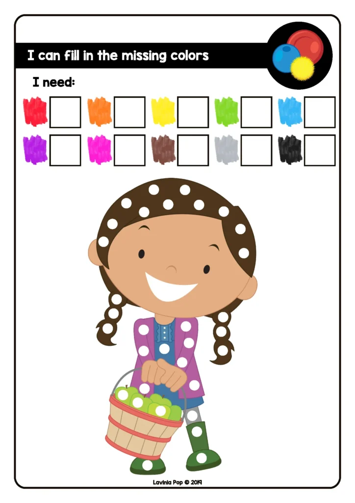 Free fine motor printable for preschool and kindergarten from Fine Motor Morning Bins for September. Children use beads or pom-poms to fill in the missing colors on the fall-themed mat.
