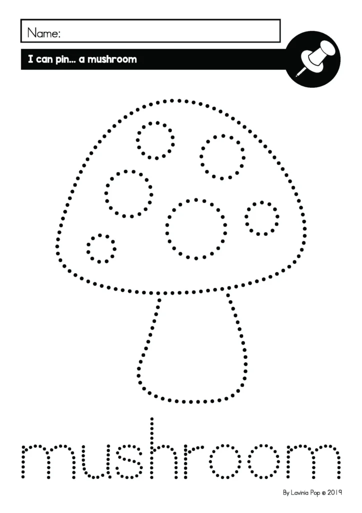 Free mushroom pokey pin fine motor printable for preschool and kindergarten from Fine Motor Morning Bins for September. Students use push pins to trace the outline and build finger strength.