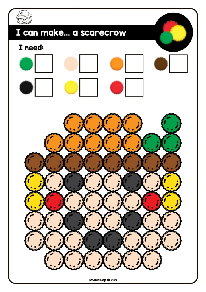 Free scarecrow fine motor printable for preschool and kindergarten from Fine Motor Morning Bins for September. Children use beads or pom-poms to fill in the missing colors on the fall-themed mat.