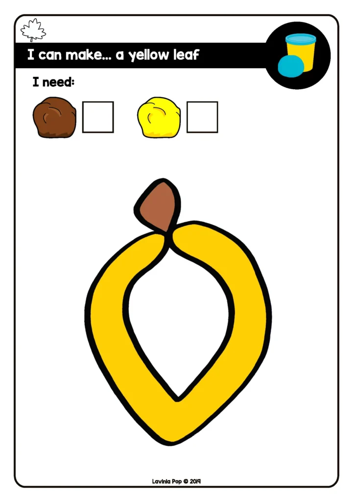 Free fall leaf play dough mat for preschool and kindergarten fine motor practice from Fine Motor Morning Bins for September. Children roll and shape dough to form a yellow autumn leaf.